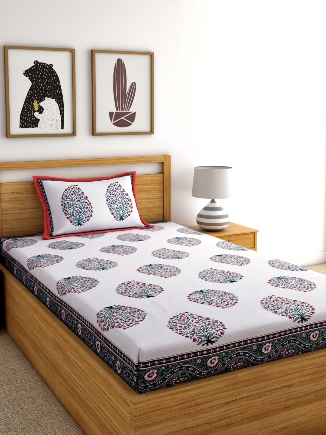 Rajasthan Decor White & Green Printed 144 TC Cotton 1 Single Bedsheet with 1 Pillow Cover
Rajasthan Decor White & Green Printed 144 TC Cotton 1 Single Bedsheet with 1 Pillow Cover