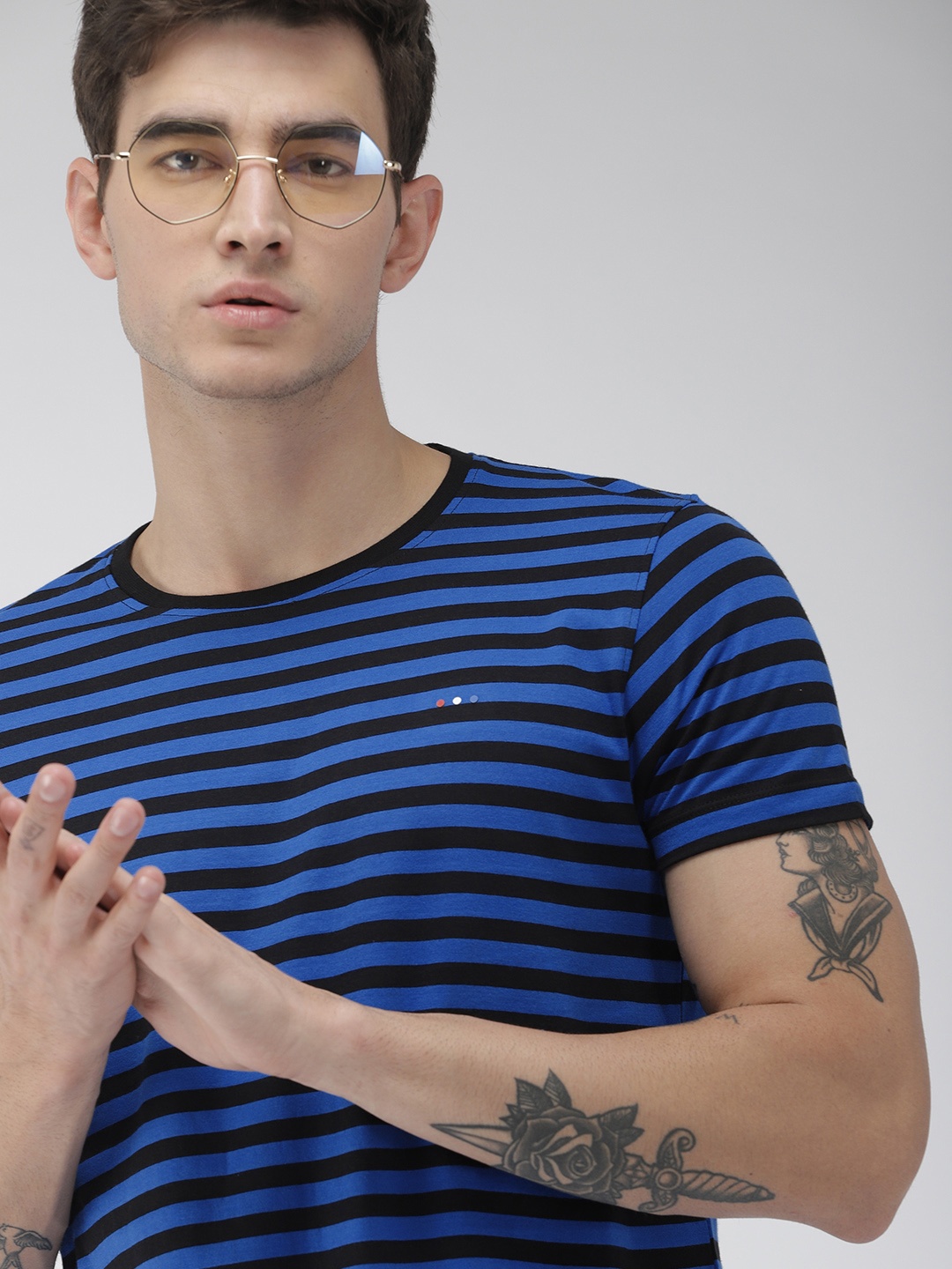 Harvard Men Black Blue Striped Round Neck Pure Cotton T-shirt