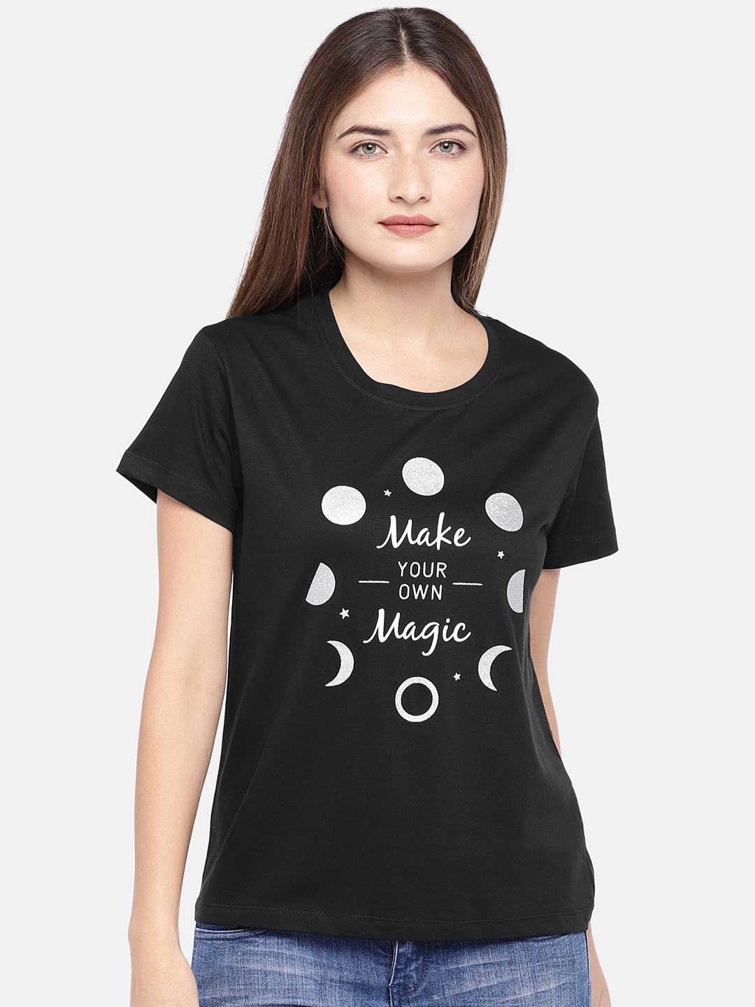 Globus Women Black Printed Round Neck T-shirt