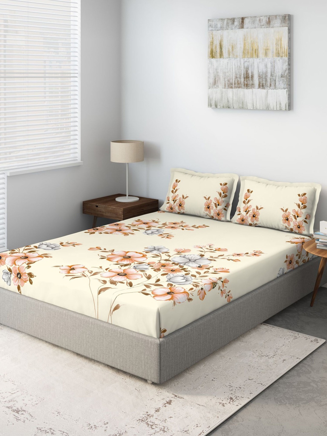 DDecor Beige Floral 140 TC Cotton 1 Queen Bedsheet with 2 Pillow Covers