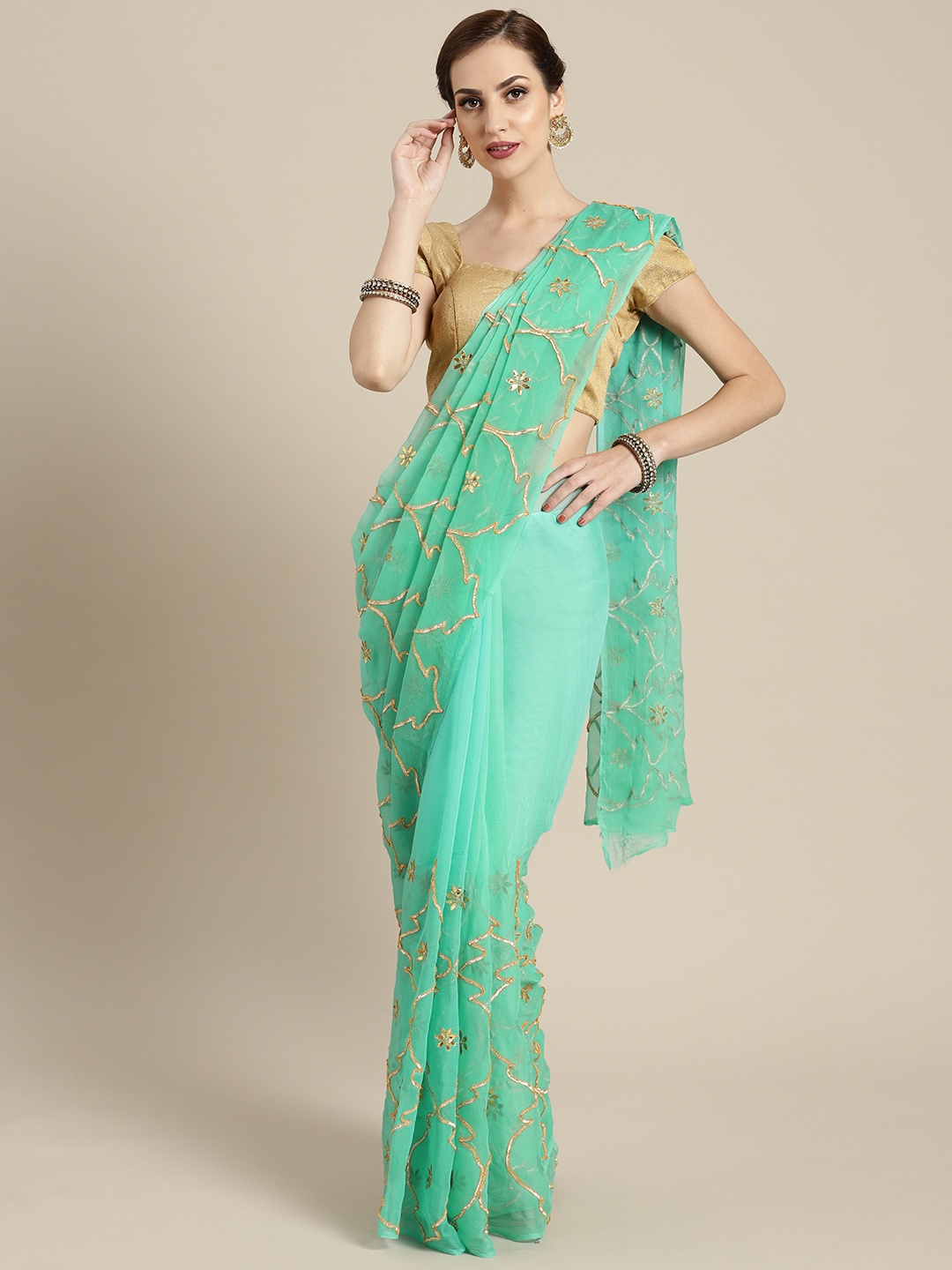 Geroo Jaipur Hand Embellished Gota Patti Green Pure Chiffon Sustainable Saree, Sea green
Geroo Jaipur Hand Embellished Gota Patti Green Pure Chiffon Sustainable Saree, Sea green