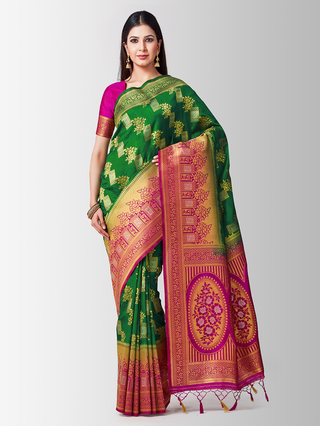 MIMOSA Green & Pink Art Silk Printed Kanjeevaram Saree