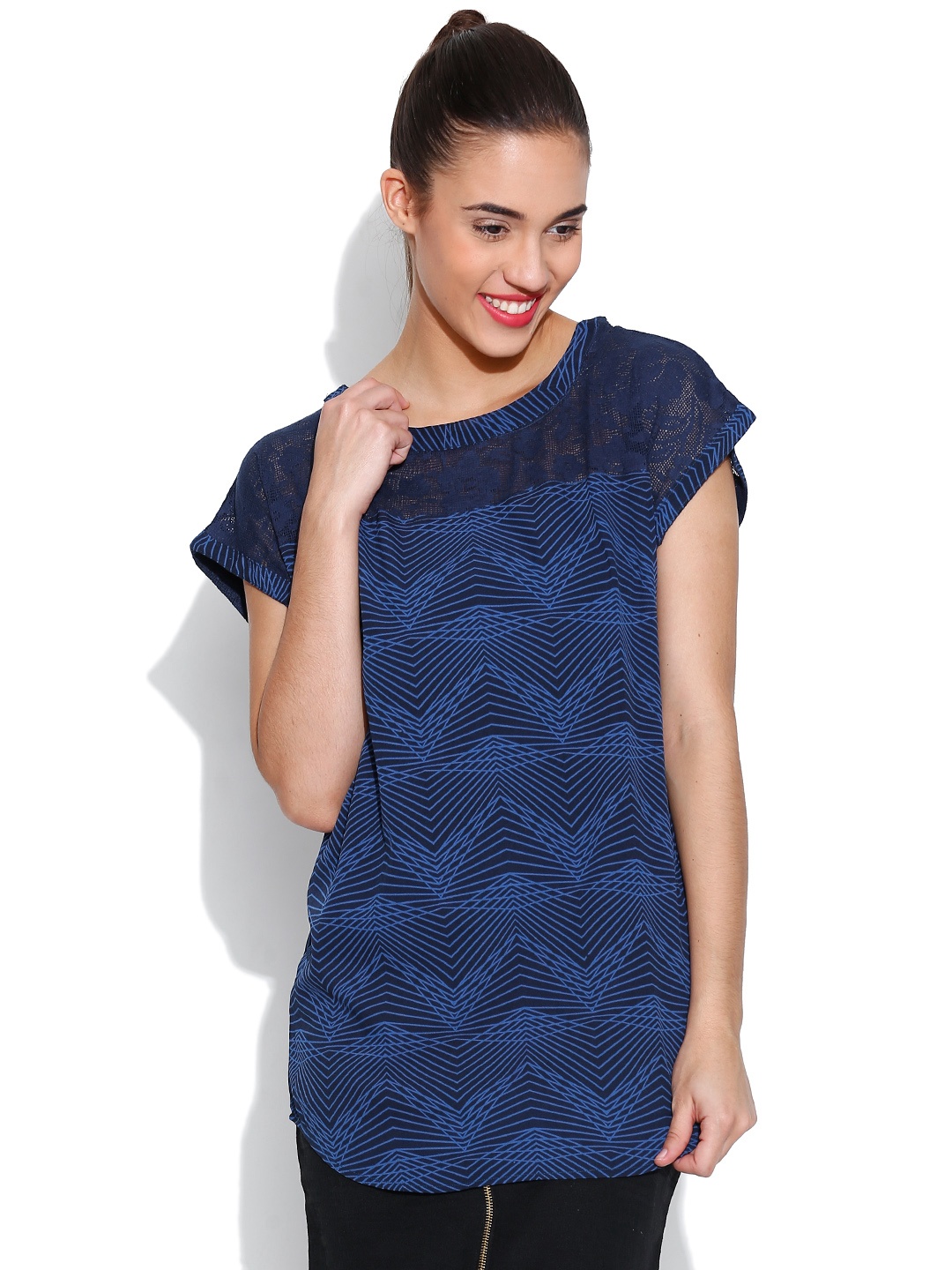 Tokyo Talkies Blue Lace Yoke Printed Top