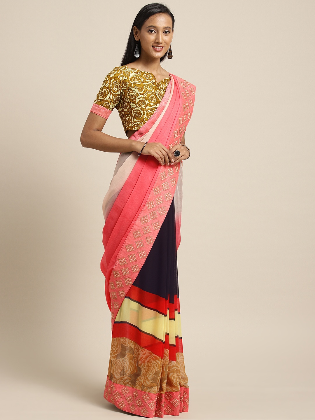 Shaily Pink & Navy Blue Pure Georgette Printed Saree