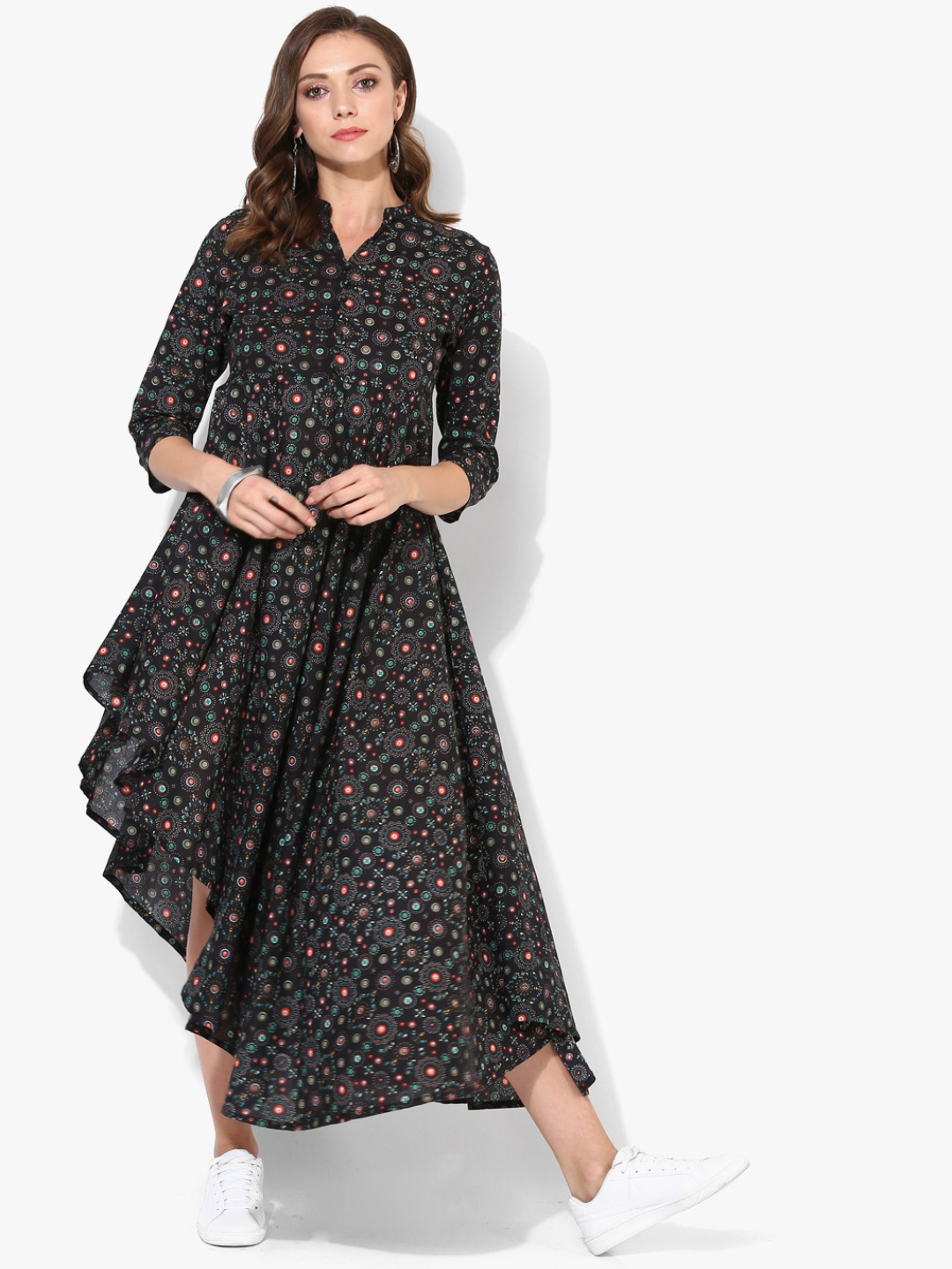 Printed Band Collar High-Low Flared Kurta With 3/4Th Sleeves, Black