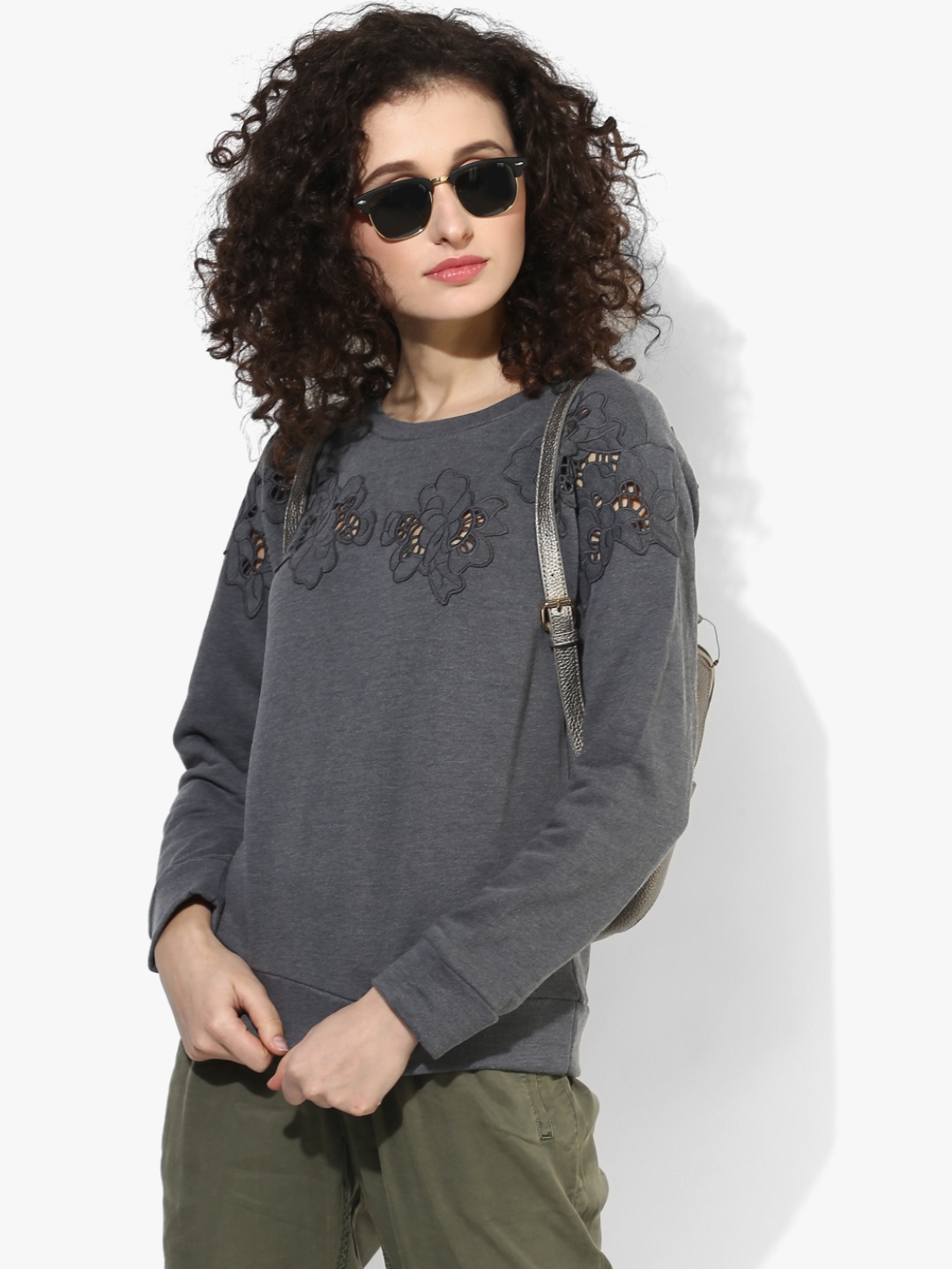 GAS Women Charcoal Grey Embroidered Sweatshirt