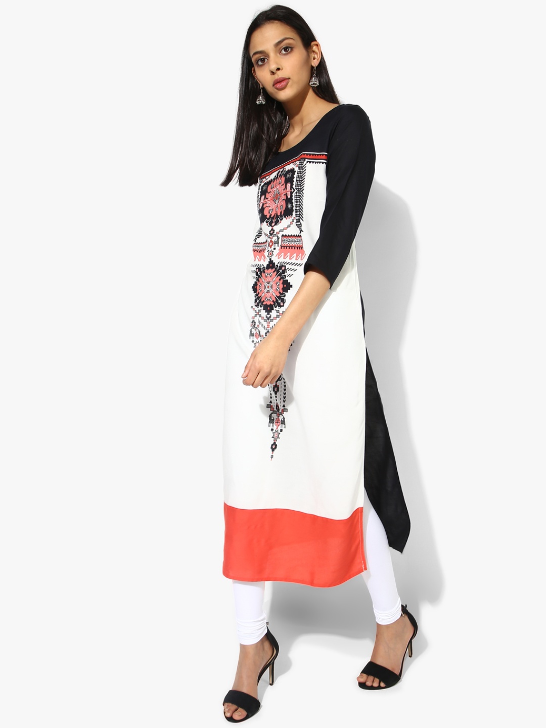 RANGMANCH BY PANTALOONS Women Off-White & Black Printed Straight Kurta