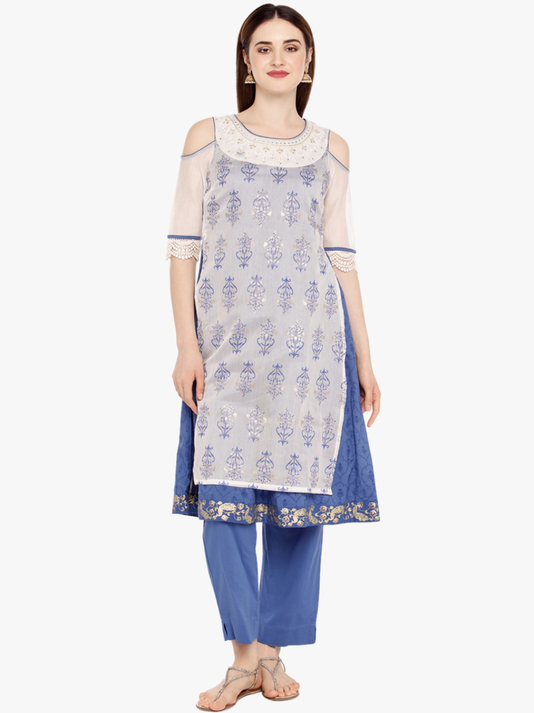 TRISHAA BY PANTALOONS Women Off White & Blue Ethnic Printed Layered Kurta with Trousers
TRISHAA BY PANTALOONS Women Off White & Blue Ethnic Printed Layered Kurta with Trousers