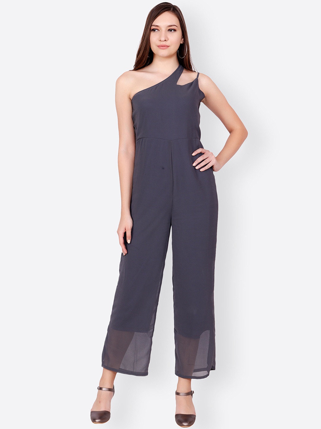 SCORPIUS Grey Solid One-Shoulder Basic Jumpsuit