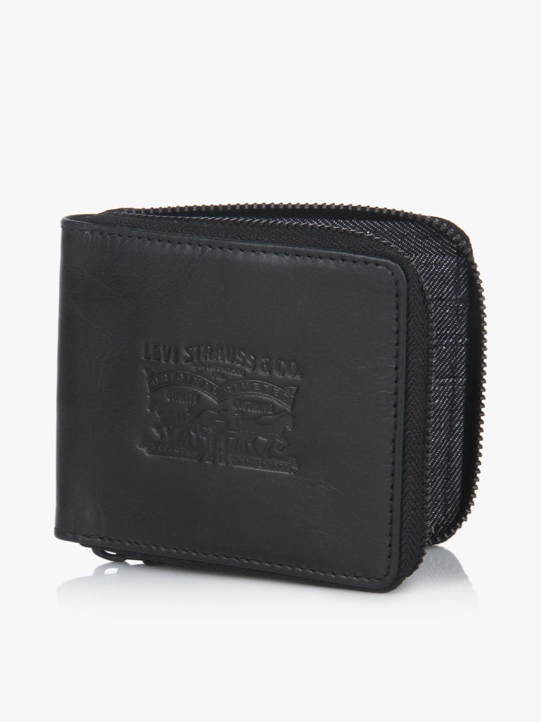 Two Horse Pull Zipper Black Wallet