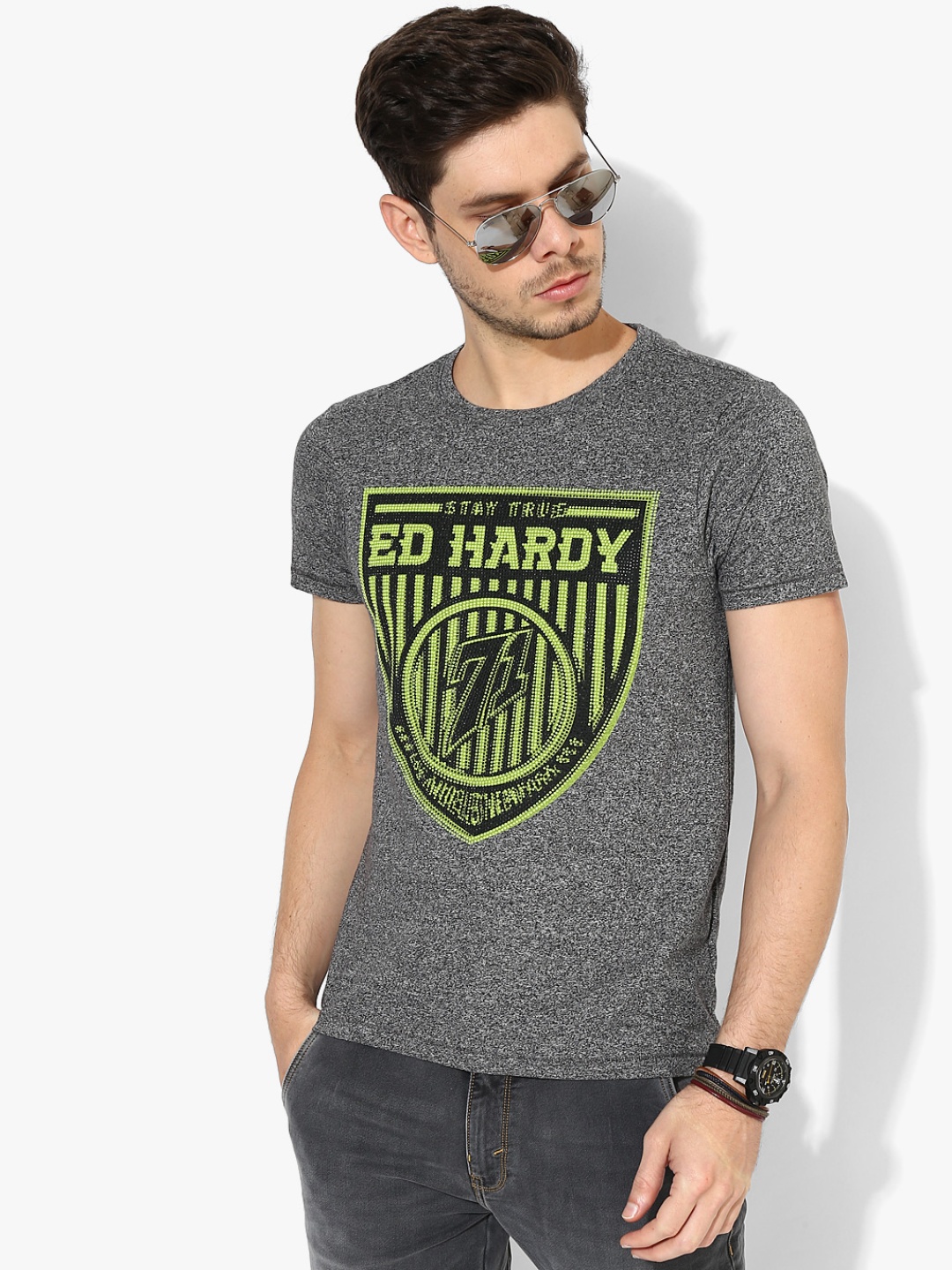 Grey Printed Slim Fit Round Neck T-Shirt