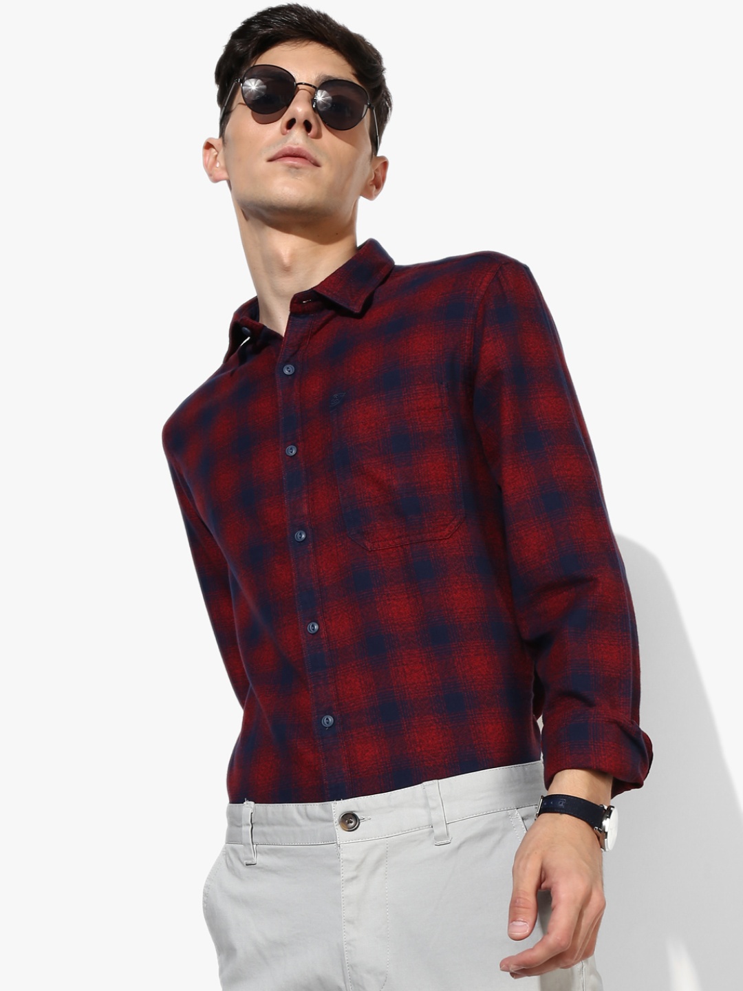 Navy Blue Checked Slim Fit Casual Shirt