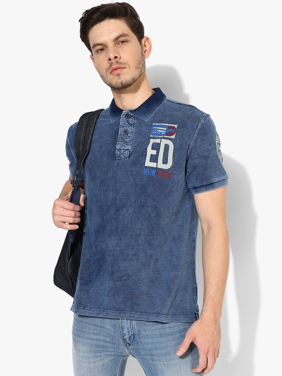 Navy Blue Printed Slim Fit Polo T-Shirt