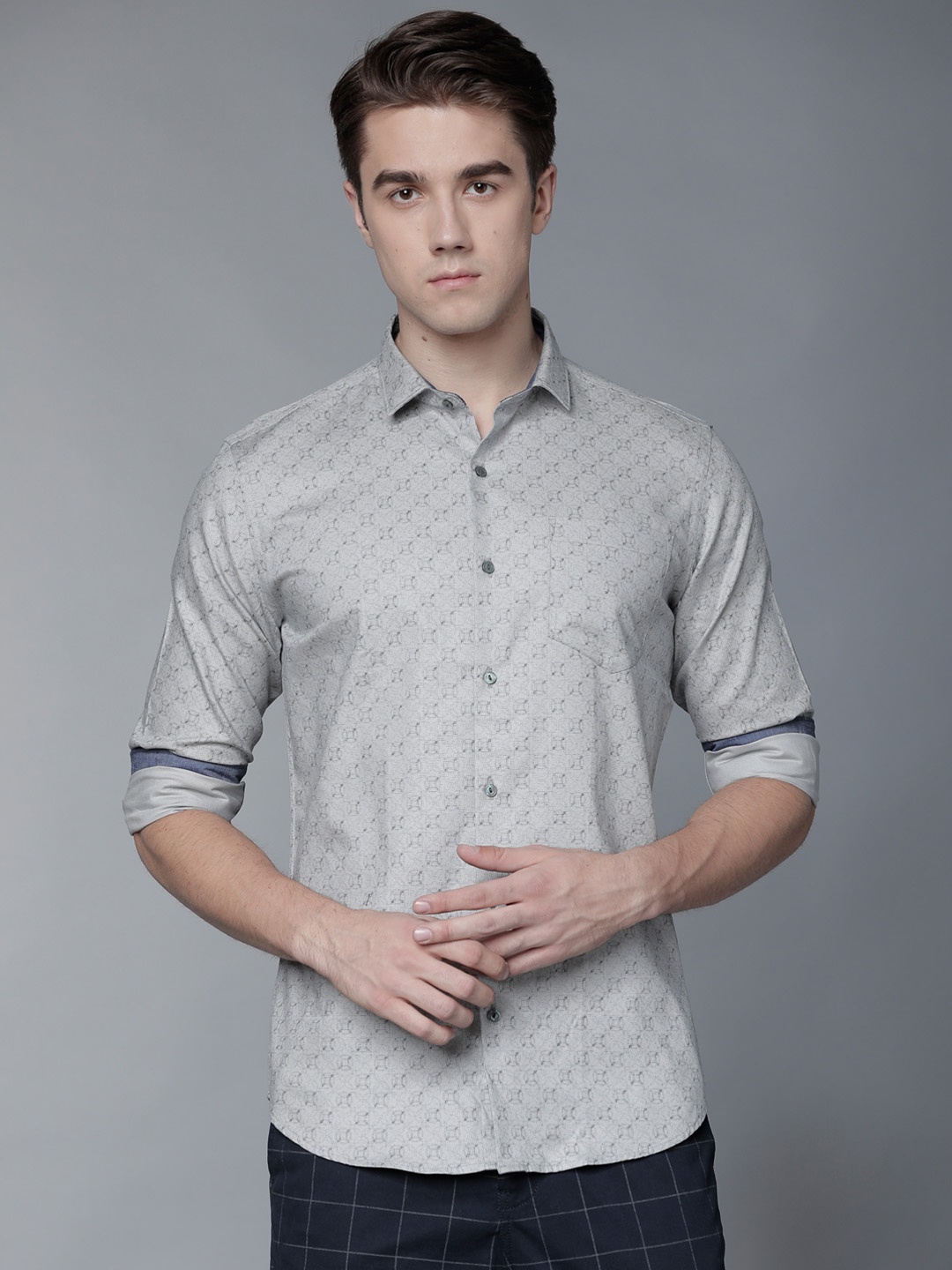 Black coffee Men Grey & Navy Blue Slim Fit Printed Casual Shirt