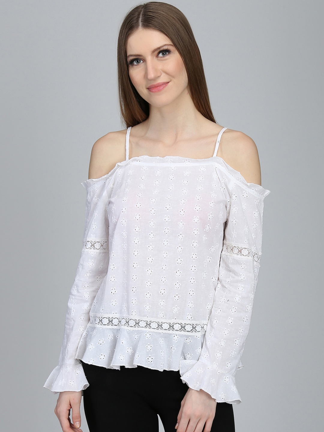 DODO & MOA Women White Self Design Pure Cotton Top