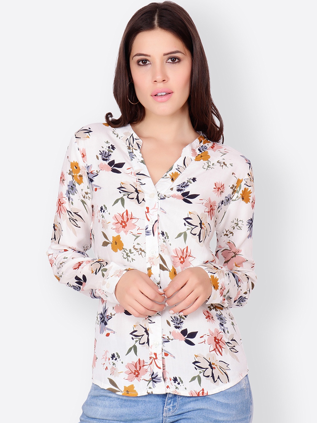 SCORPIUS Women White Regular Fit Floral Printed Casual Shirt