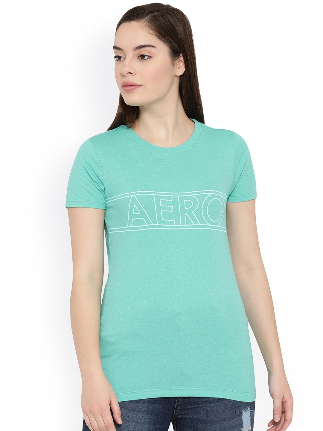 Aeropostale Women Sea Green Solid Round Neck T-shirt