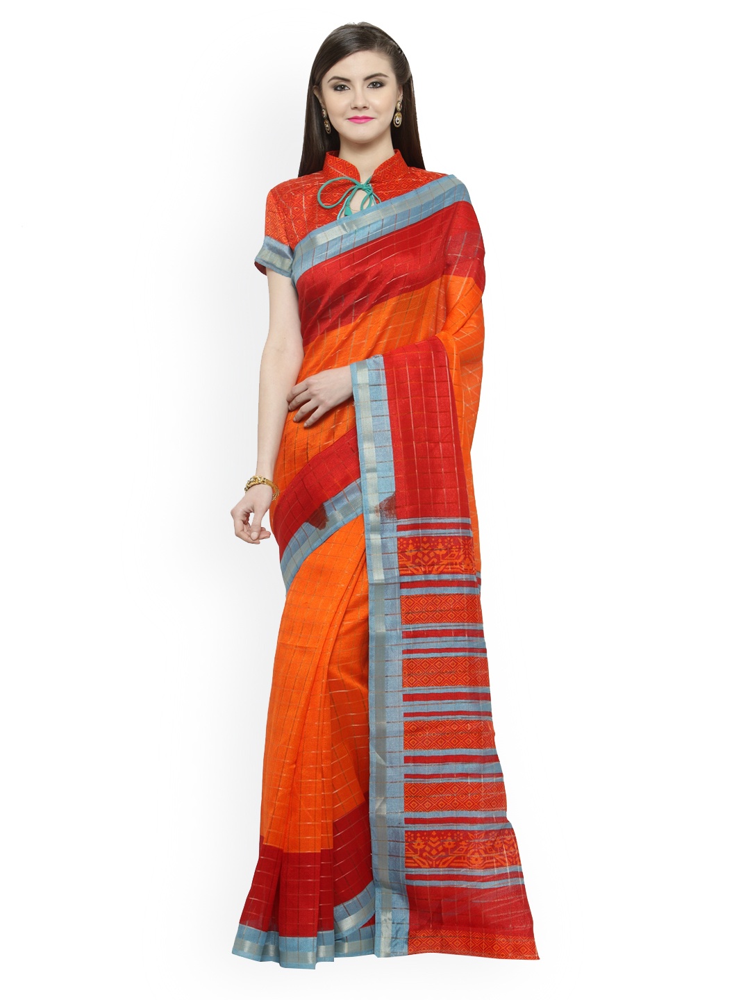Shaily Orange & Red Silk Cotton Printed Saree