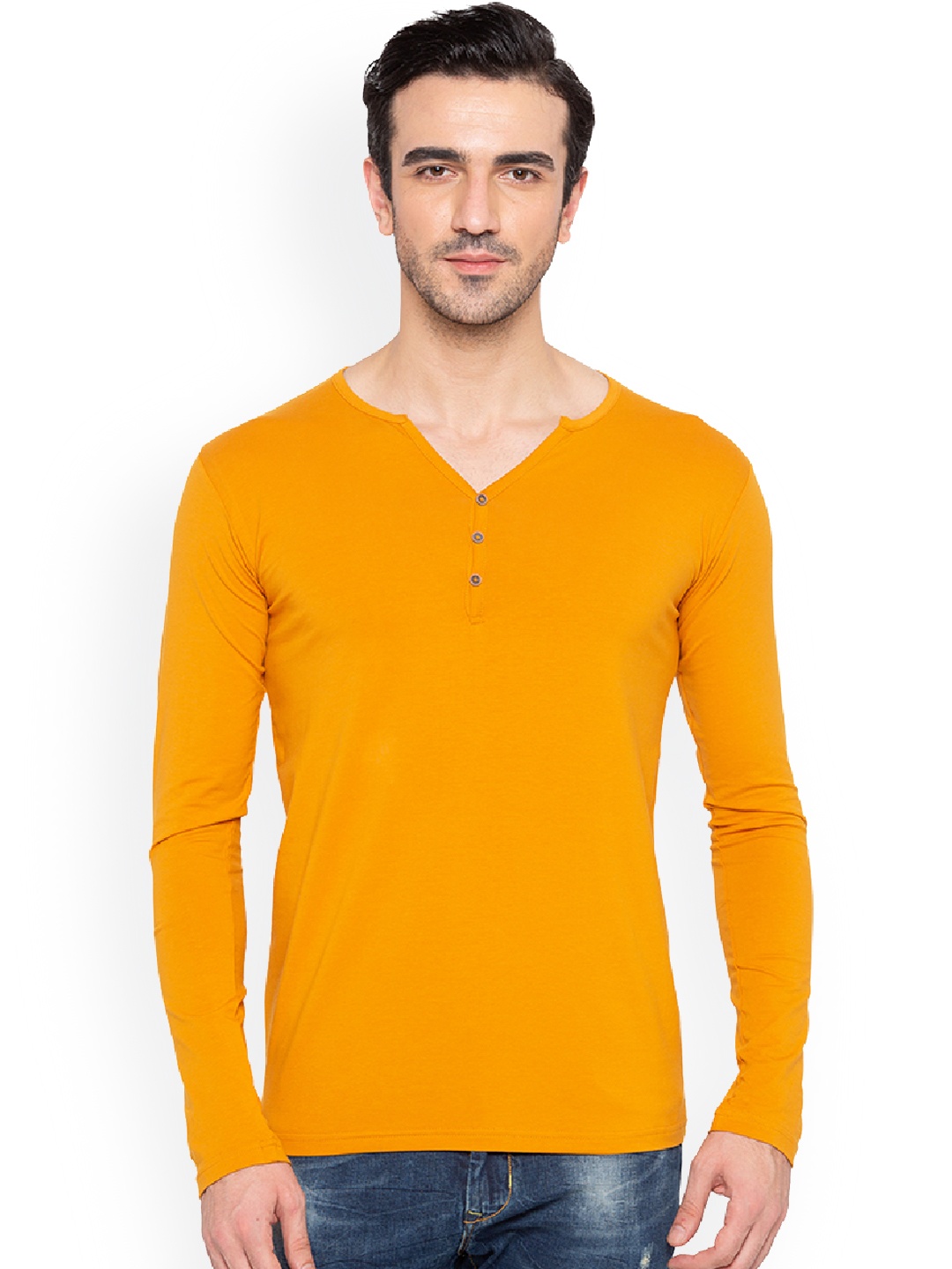 Status Quo Men Mustard Orange Solid Henley Neck Pure Cotton T-shirt
