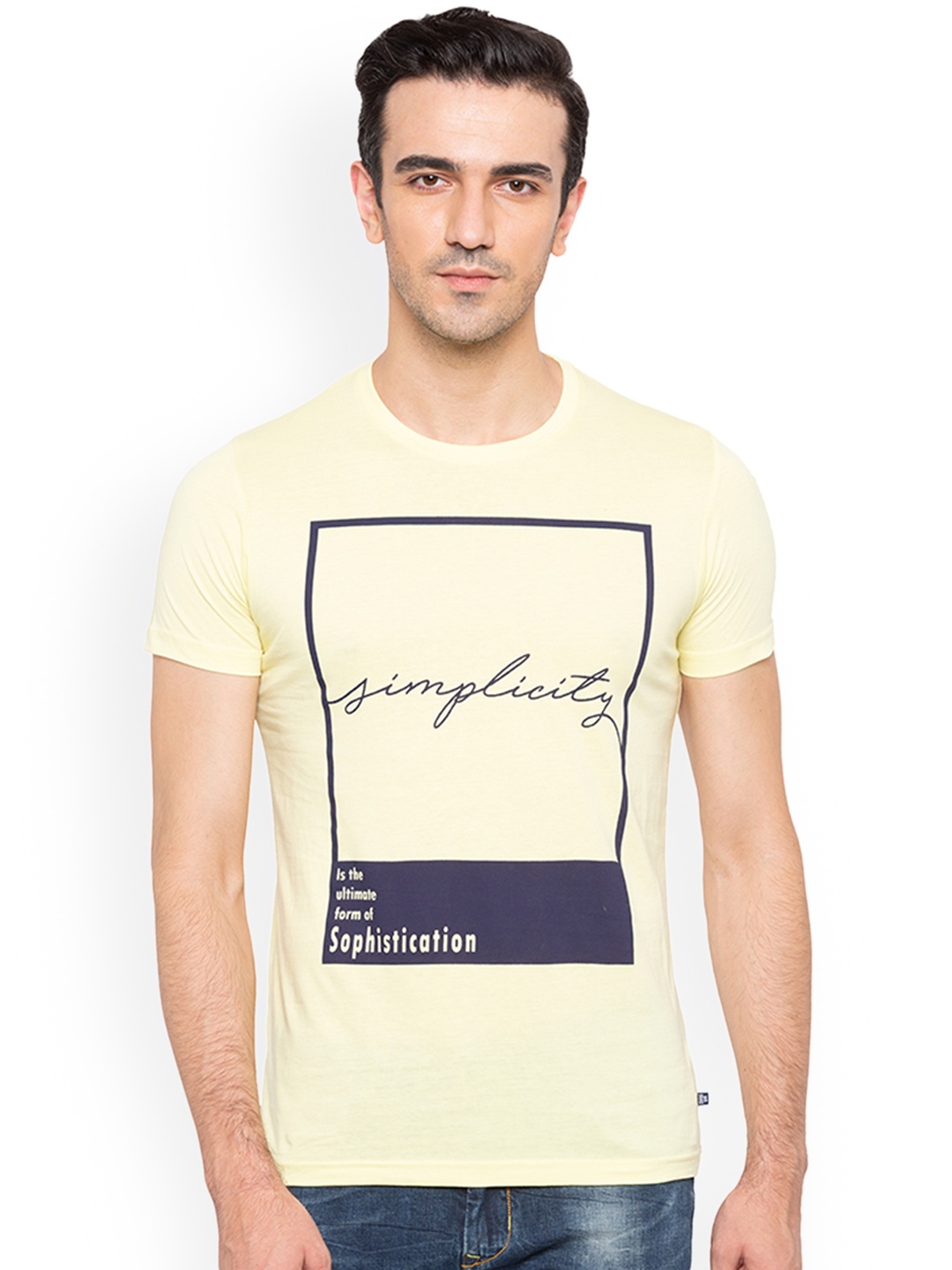 Status Quo Men Cream-Coloured Printed Round Neck Slim Fit Pure Cotton T-shirt