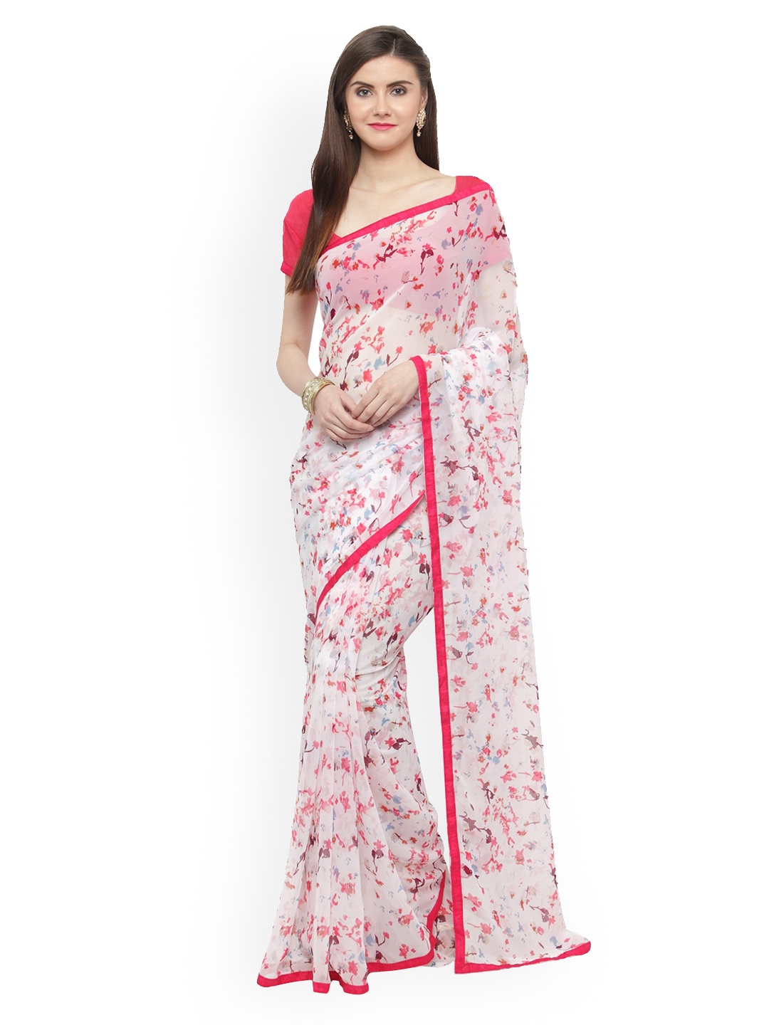 Shaily Pink & White Pure Georgette Printed Saree