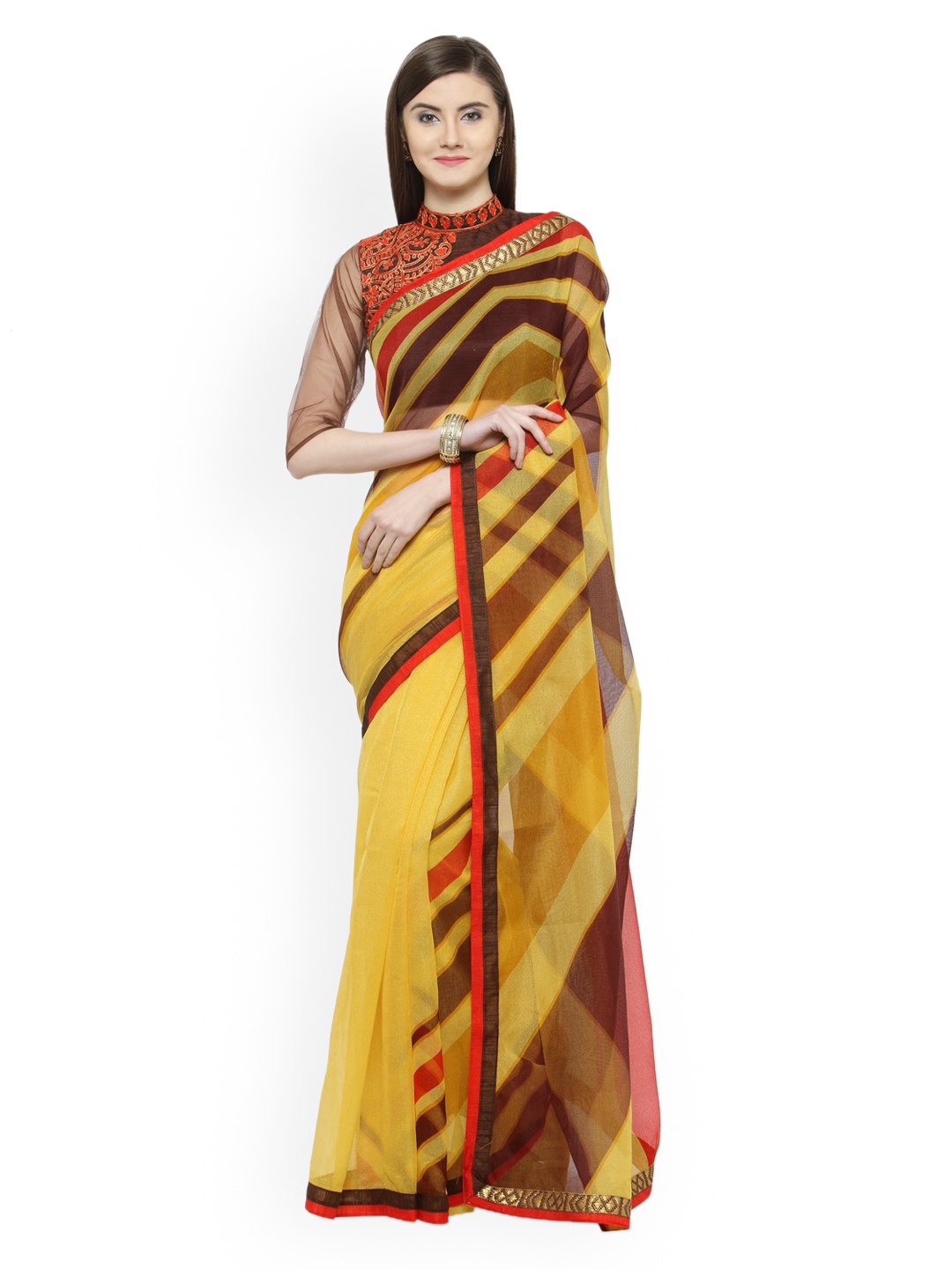Shaily Yellow & Brown Cotton Blend Printed Saree