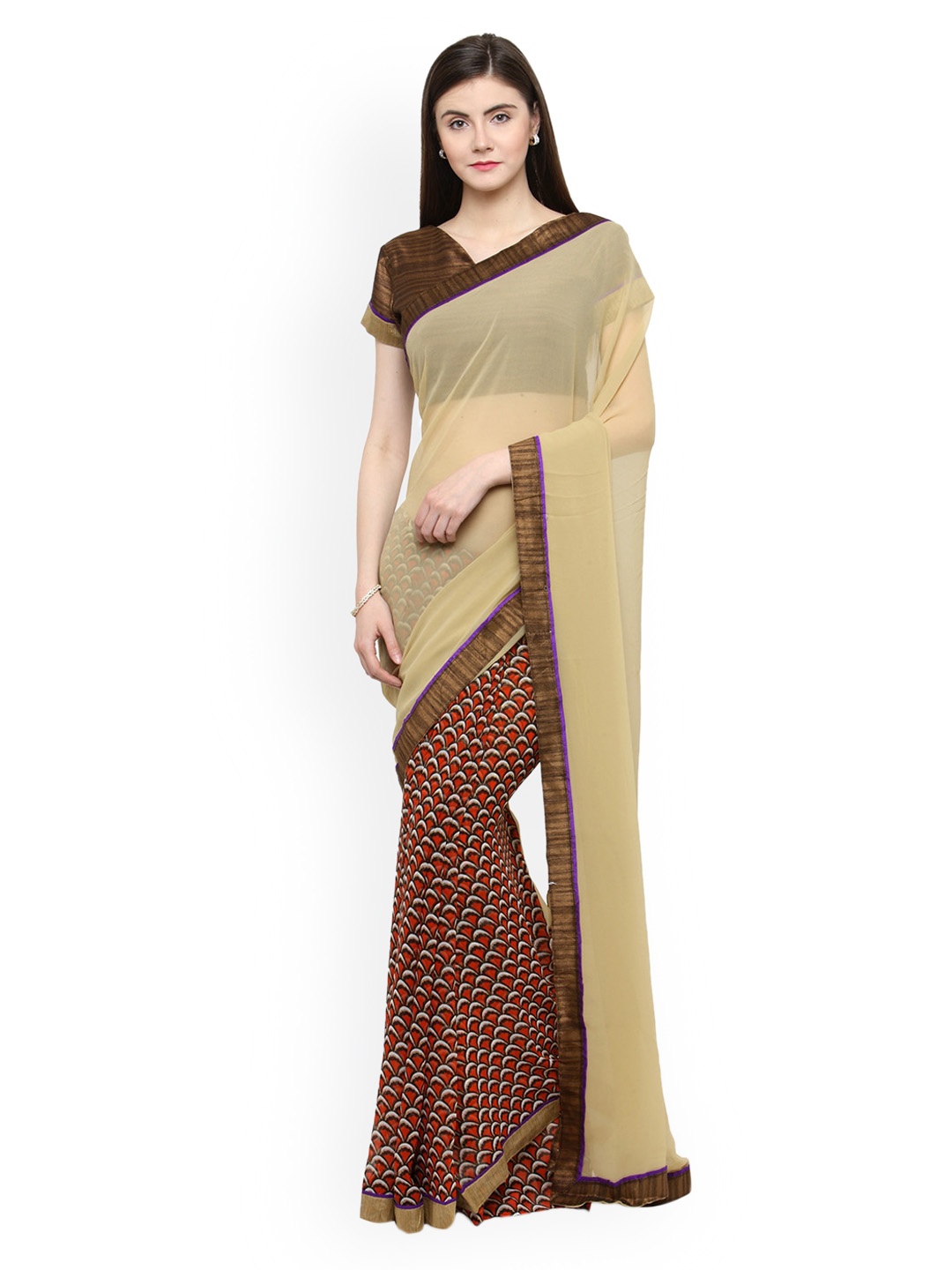 Shaily Beige Solid Pure Georgette Saree