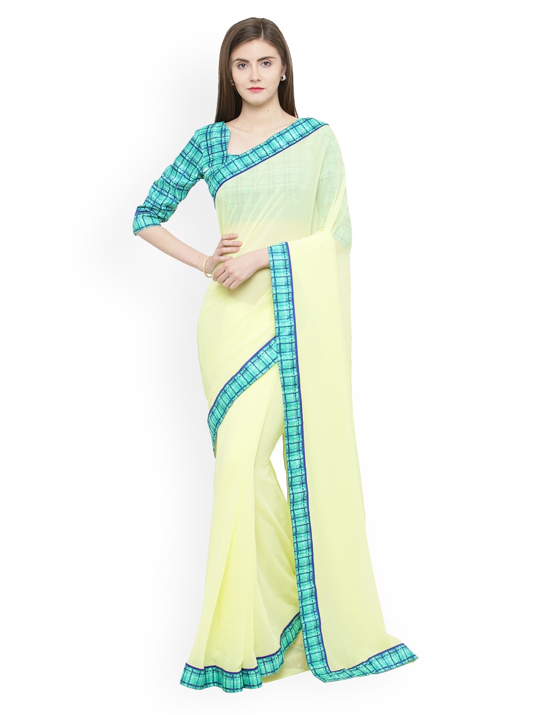 Shaily Yellow & Sea Green Pure Georgette Solid Saree