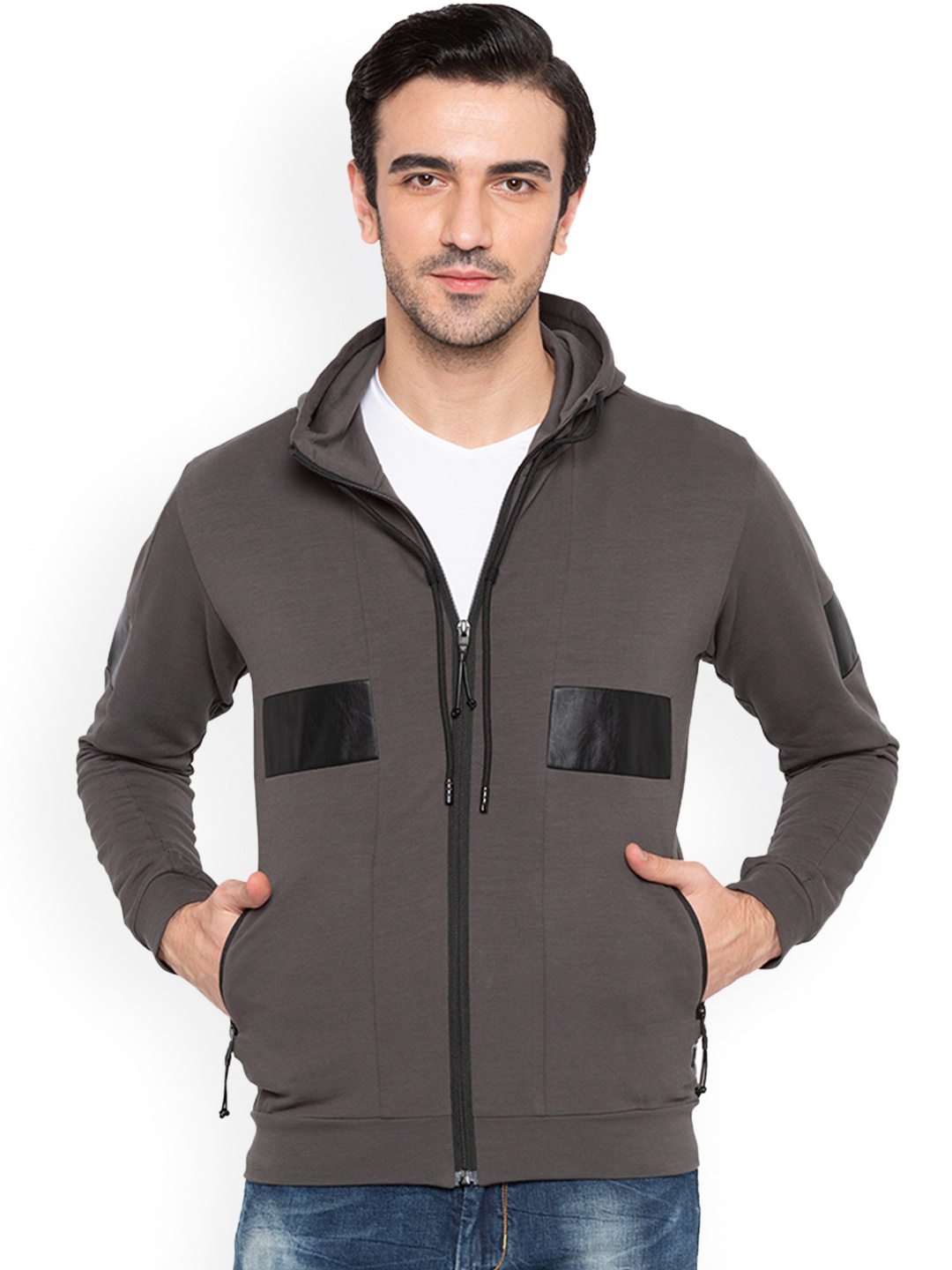 Status Quo Men Grey Solid Hooded Sweatshirt