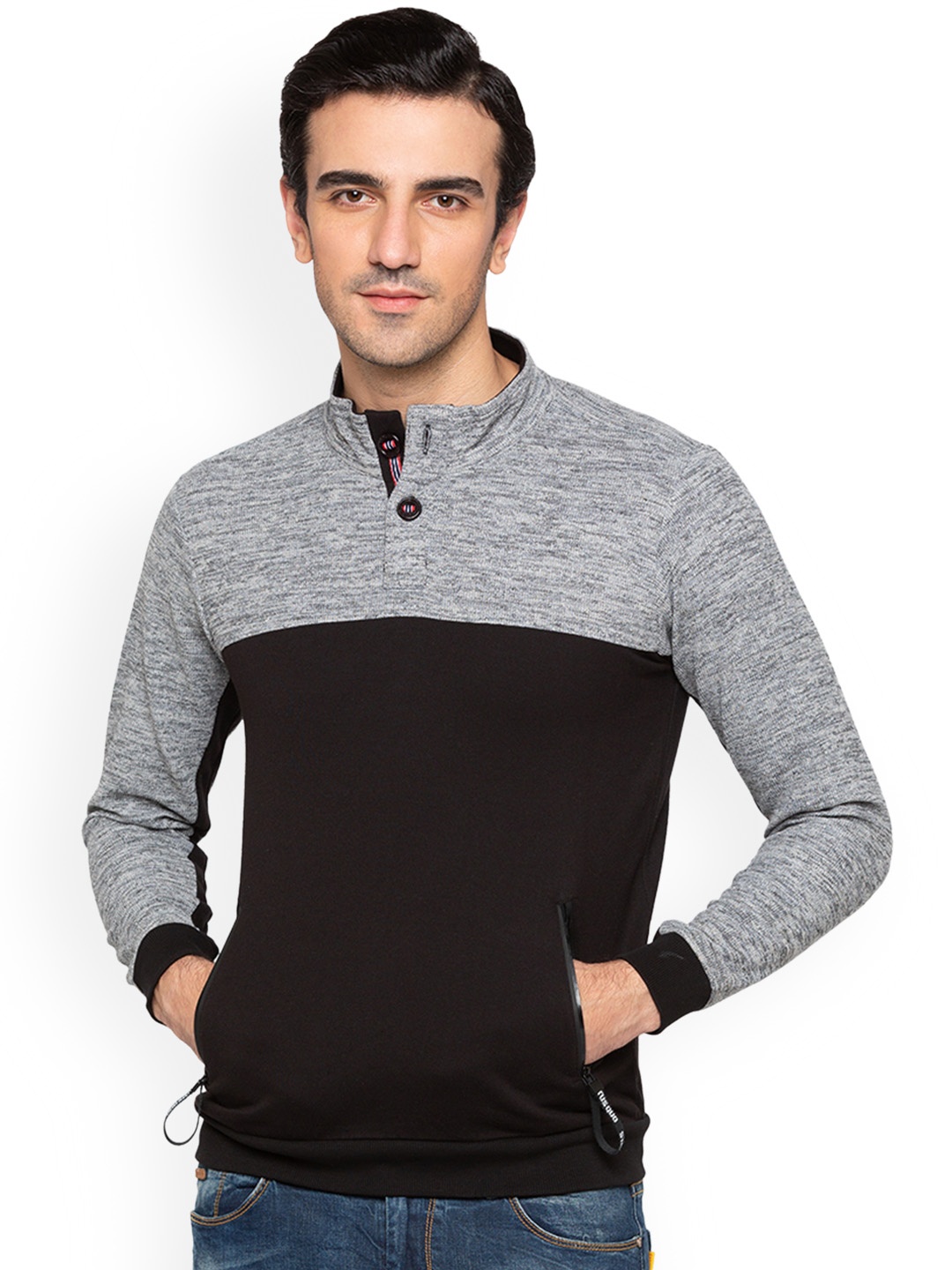 Status Quo Men Black & Grey Melange Colourblocked Sweatshirt