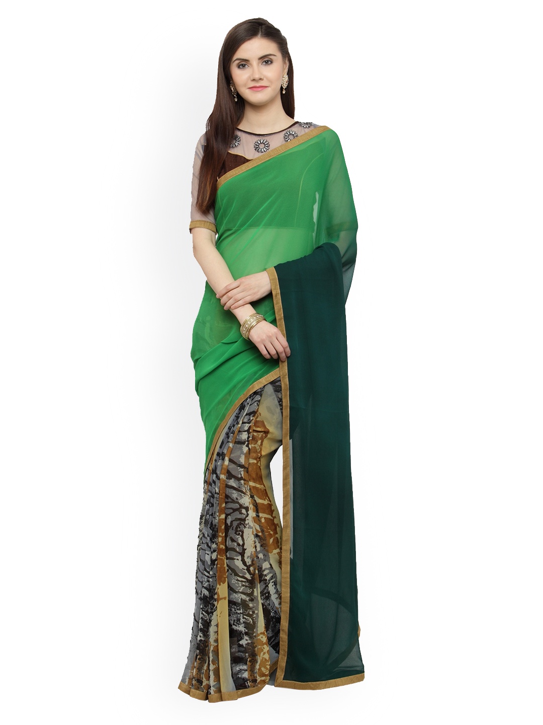 Shaily Green Printed Pure Georgette Saree