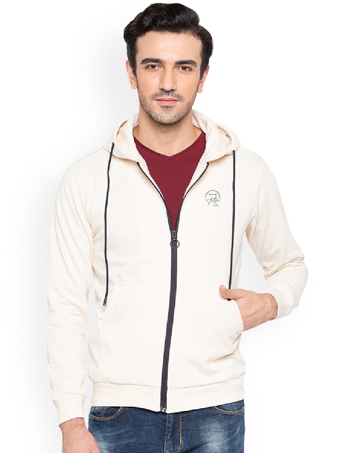 Status Quo Men Beige Solid Hooded Sweatshirt
