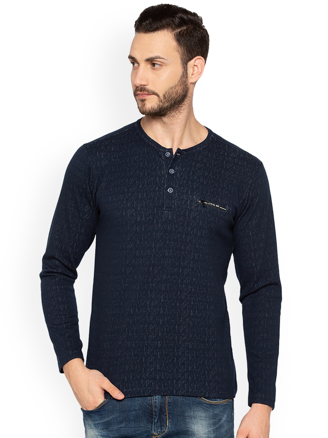 Status Quo Men Navy Blue Solid Henley Neck Pure Cotton T-shirt
