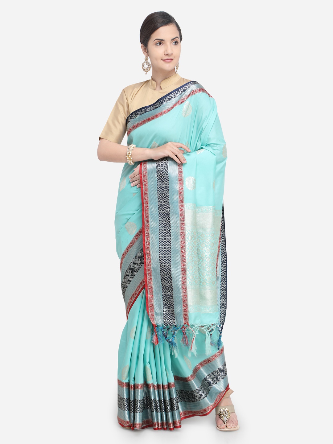 Varkala Silk Sarees Turquoise Blue Silk Blend Woven Design Banarasi Saree