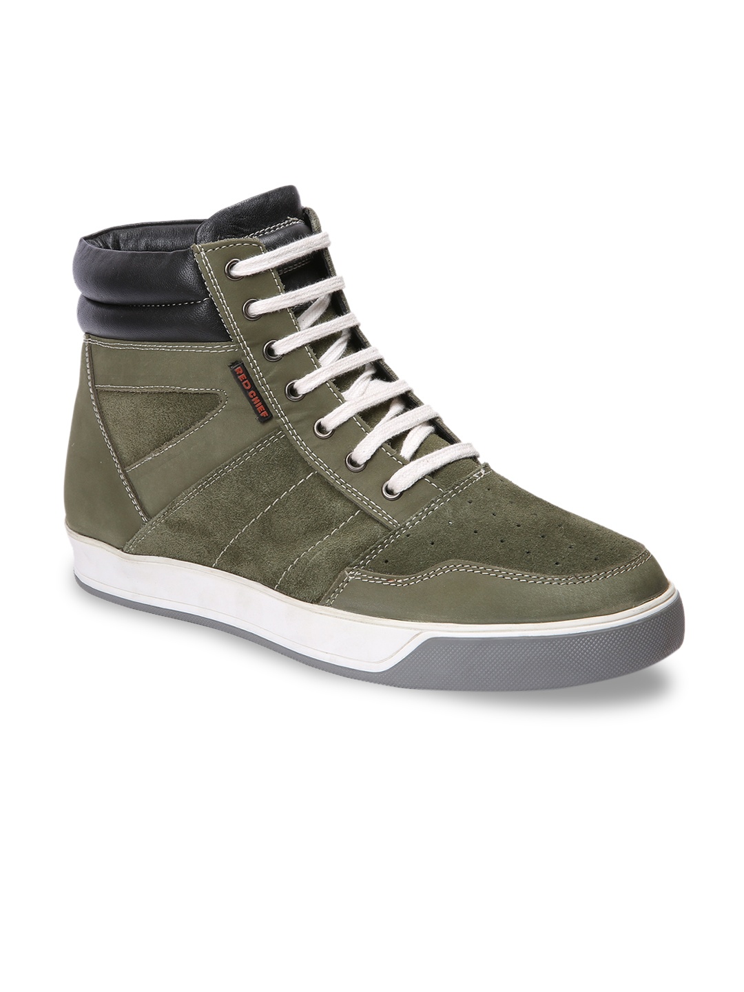 Red Chief Men Green Solid Leather Mid-Top Sneakers