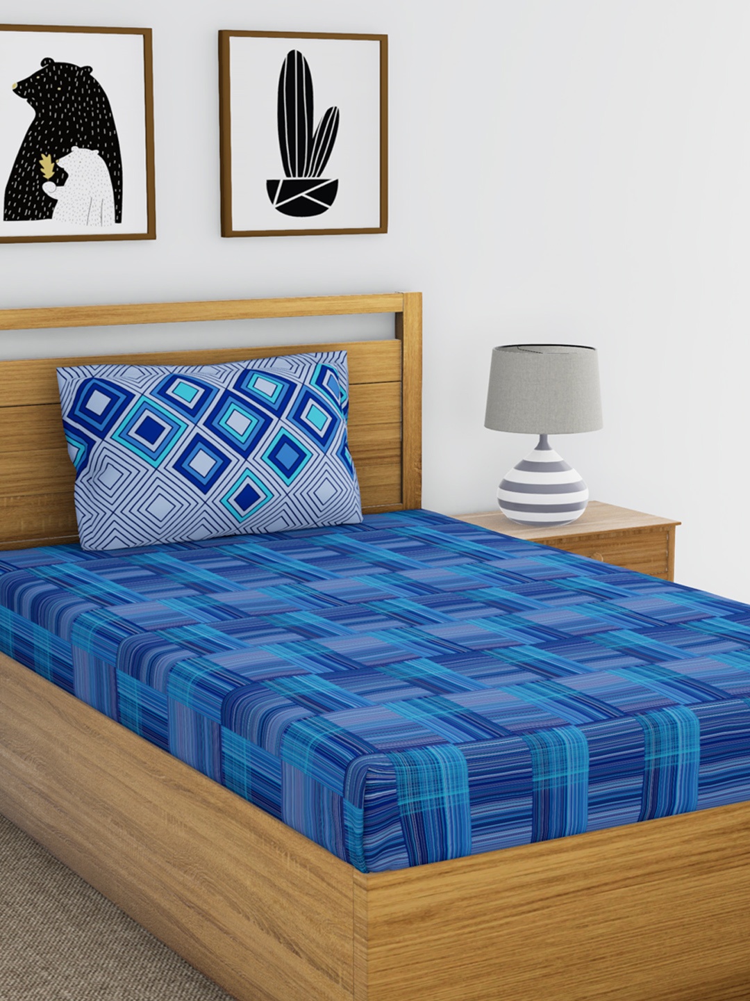 BIANCA Blue 144 TC Cotton 1 Single Bedsheet with 1 Pillow Cover