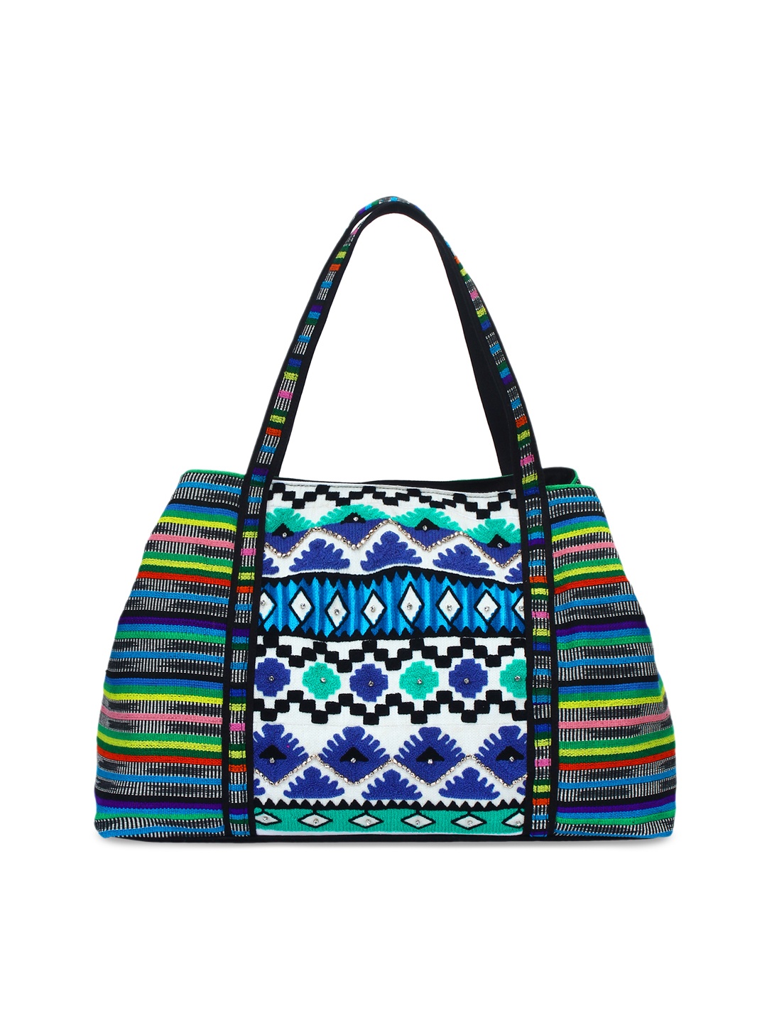 Anekaant Green & White Self Design Handheld Bag