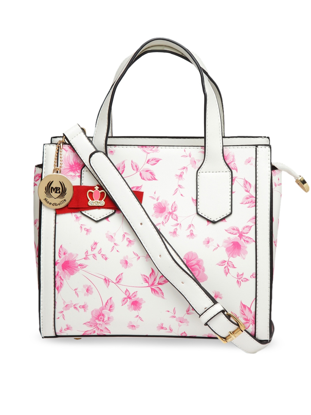 Moedbuille White & Pink Printed Handheld Bag