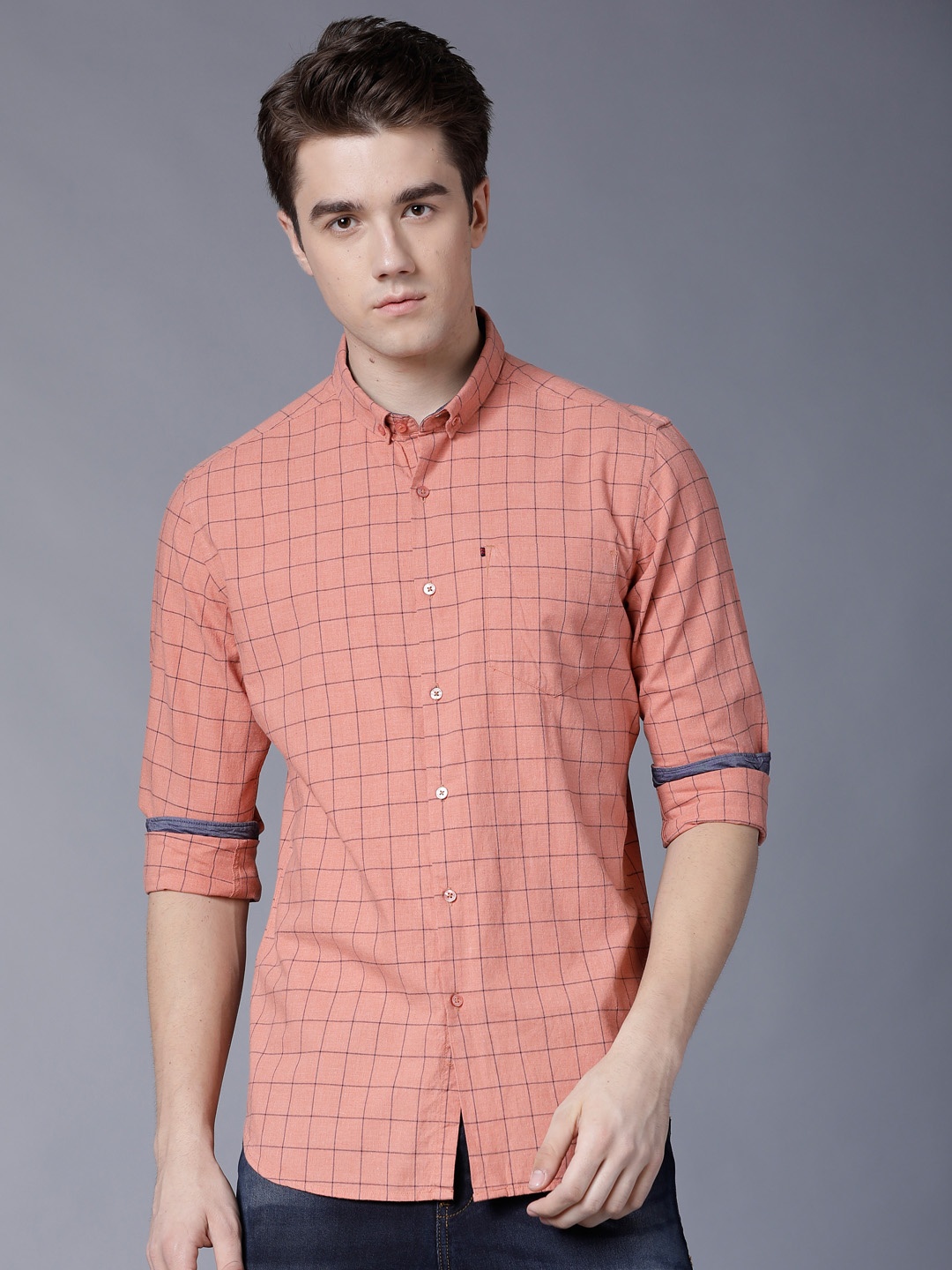 Black coffee Men Peach-Coloured Slim Fit Checked Casual Shirt