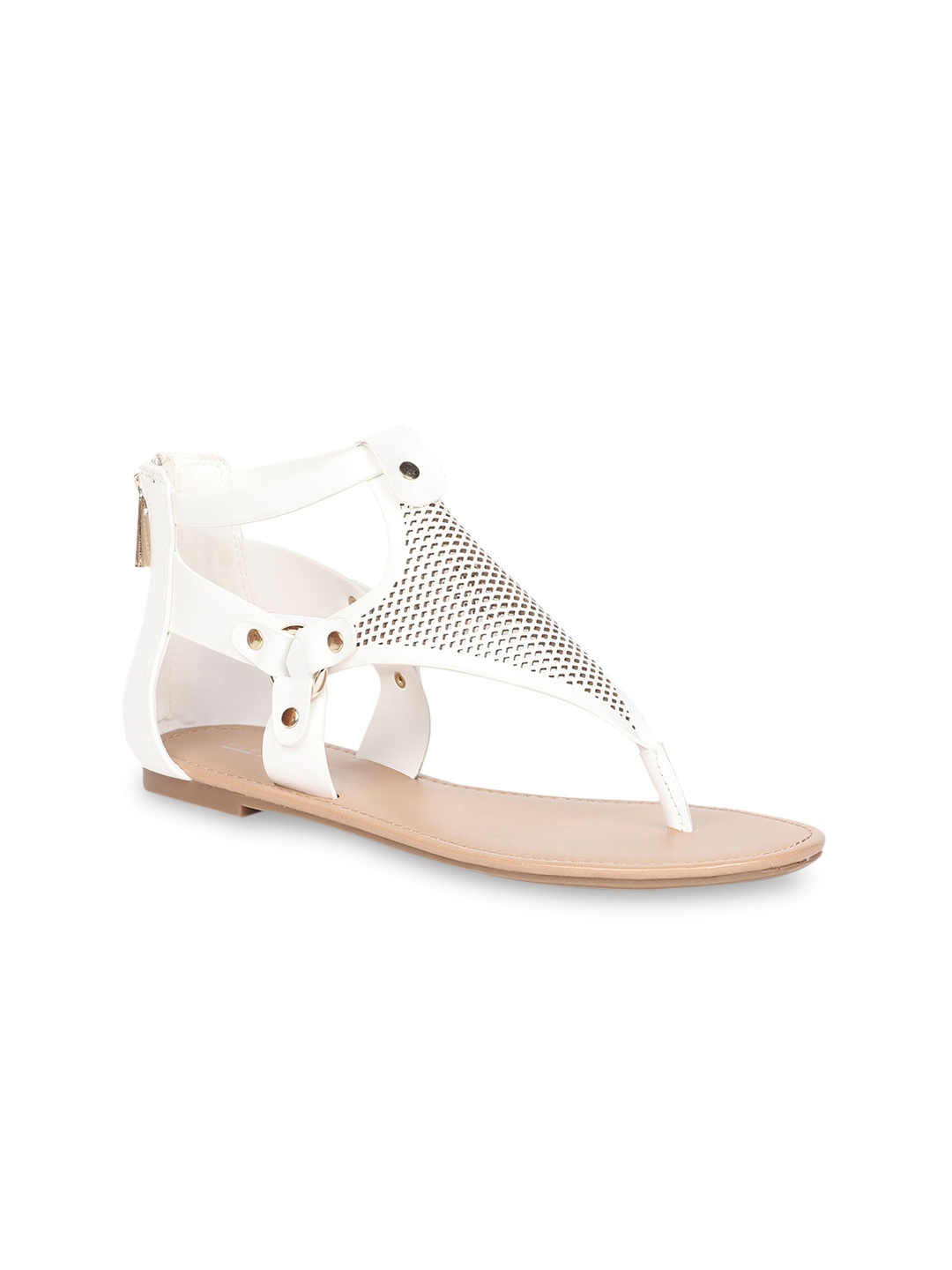 Call It Spring Women White Solid T-Strap Flats
