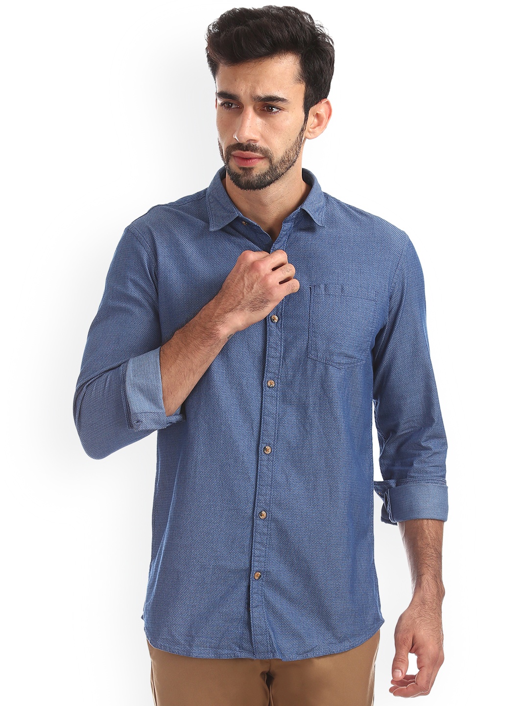 Ruggers Men Blue Regular Fit Solid Casual Shirt