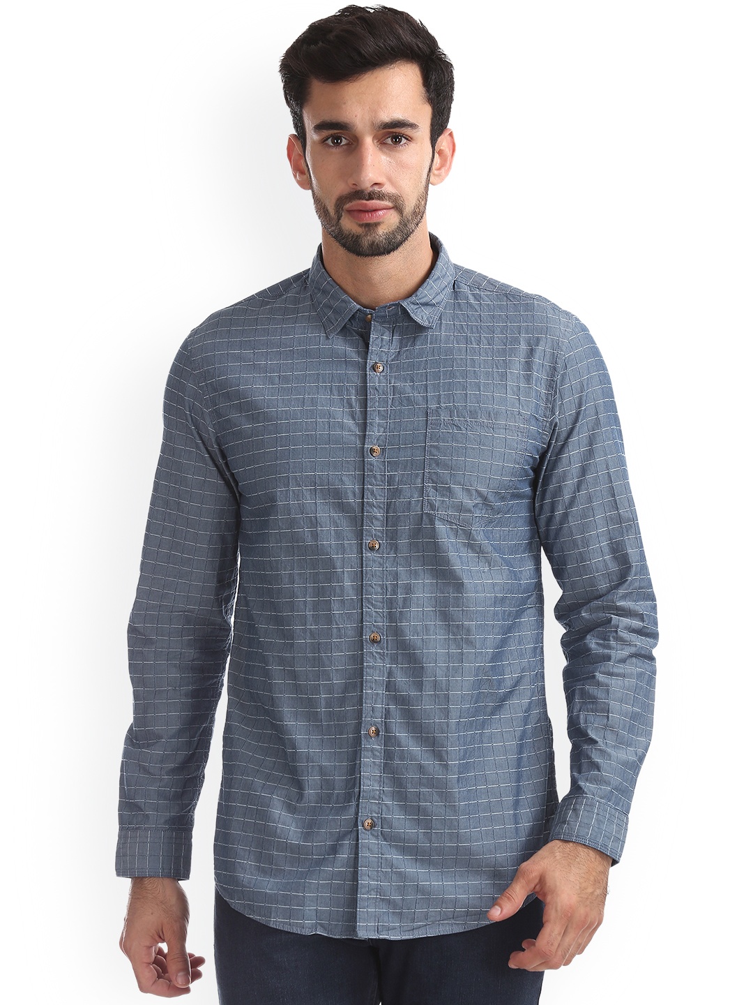 Ruggers Men Blue Regular Fit Checked Casual Shirt