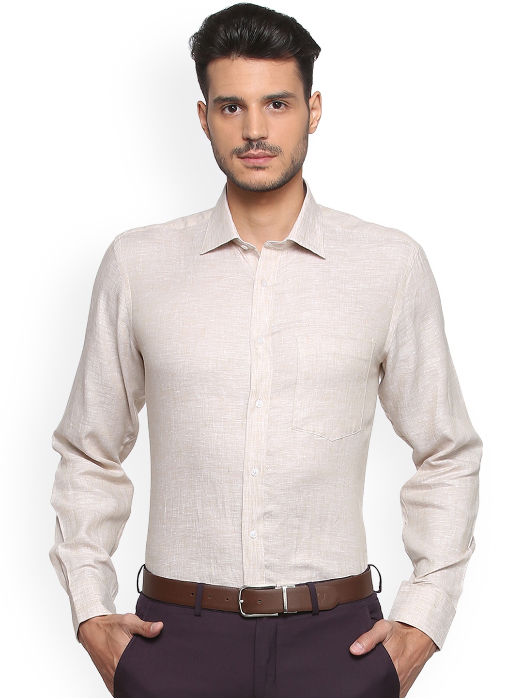 Van Heusen Men Beige Regular Fit Solid Linen Formal Shirt