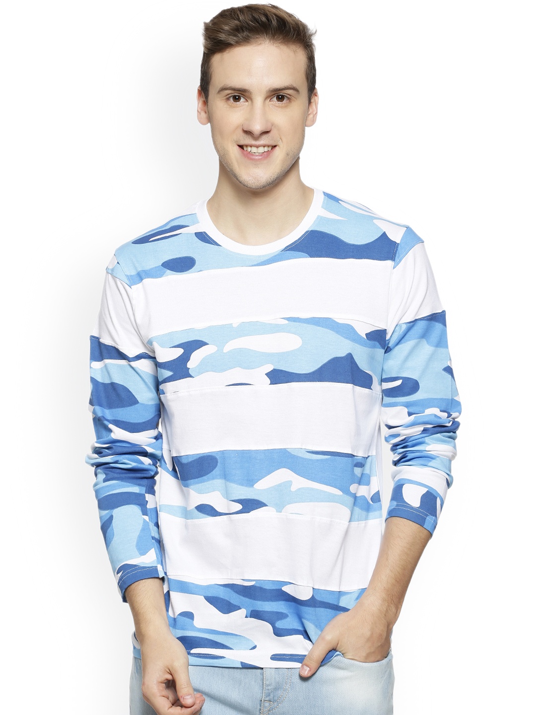Campus Sutra Men Blue Striped Round Neck T-shirt