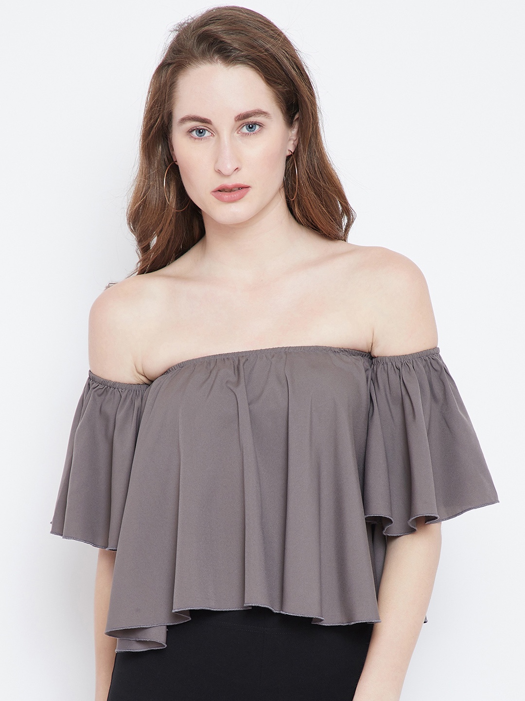 Berrylush Women Grey Solid Bardot Top