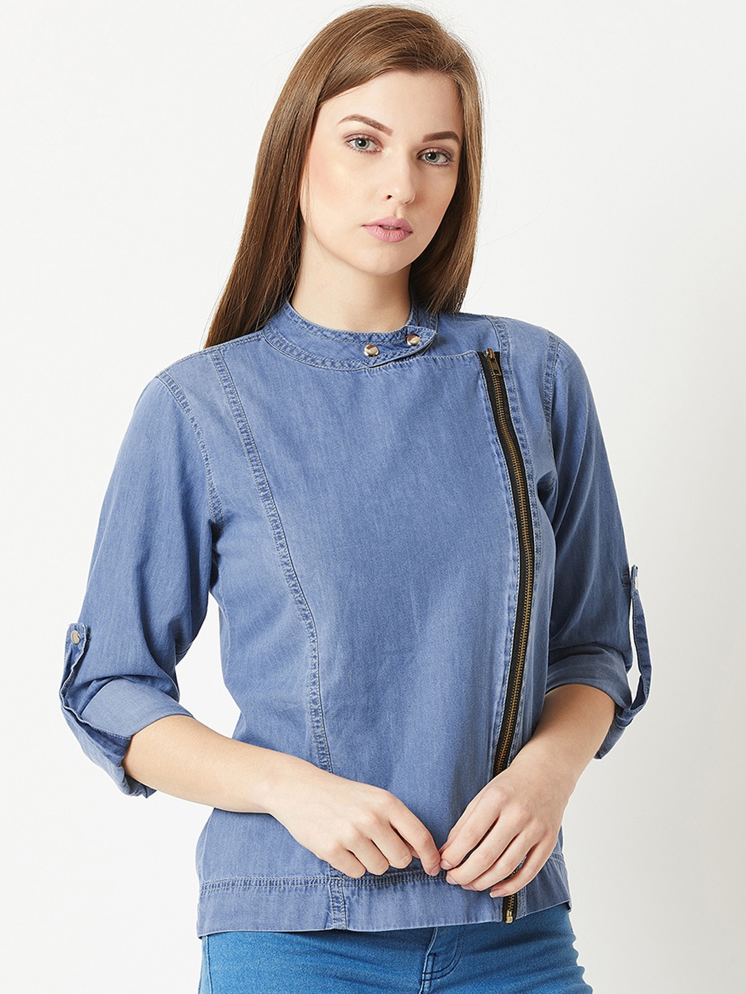 Miss Chase Women Blue Solid Lightweight Denim Jacket