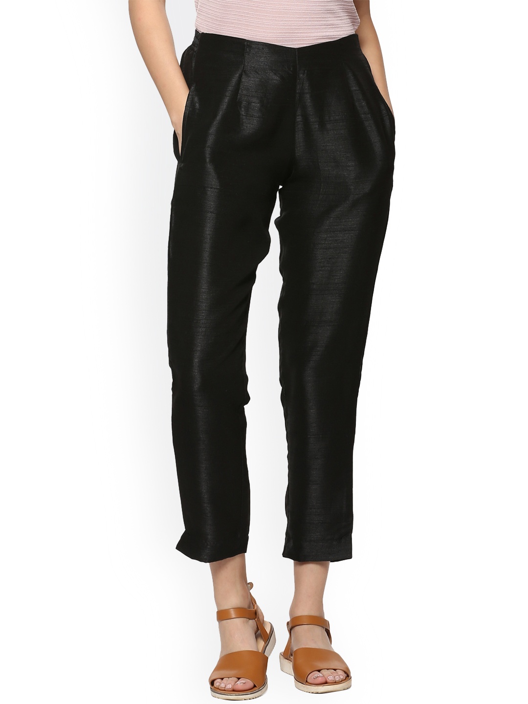 People Women Black Regular Fit Solid Peg Trousers