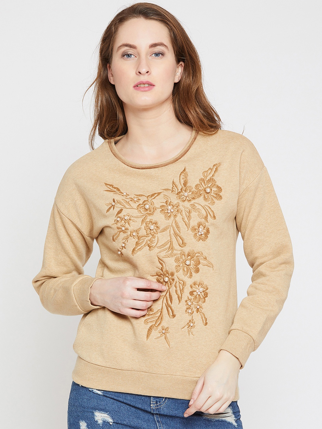 Marie Claire Women Beige Embroidered Sweatshirt