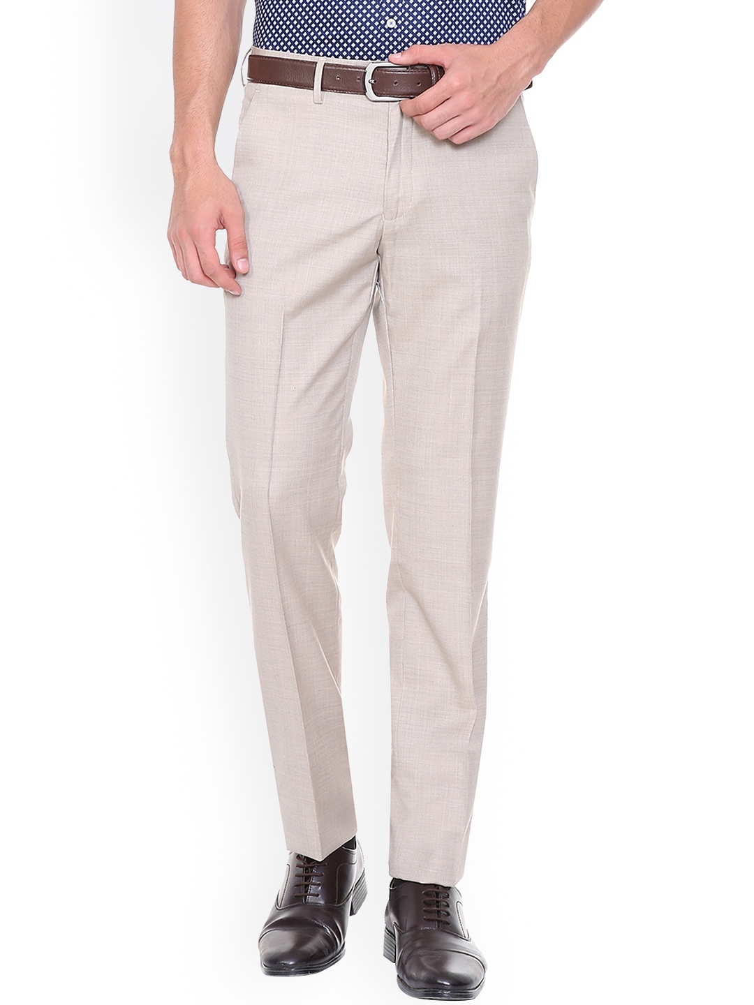 Van Heusen Men Cream-Coloured Slim Fit Checked Formal Trousers