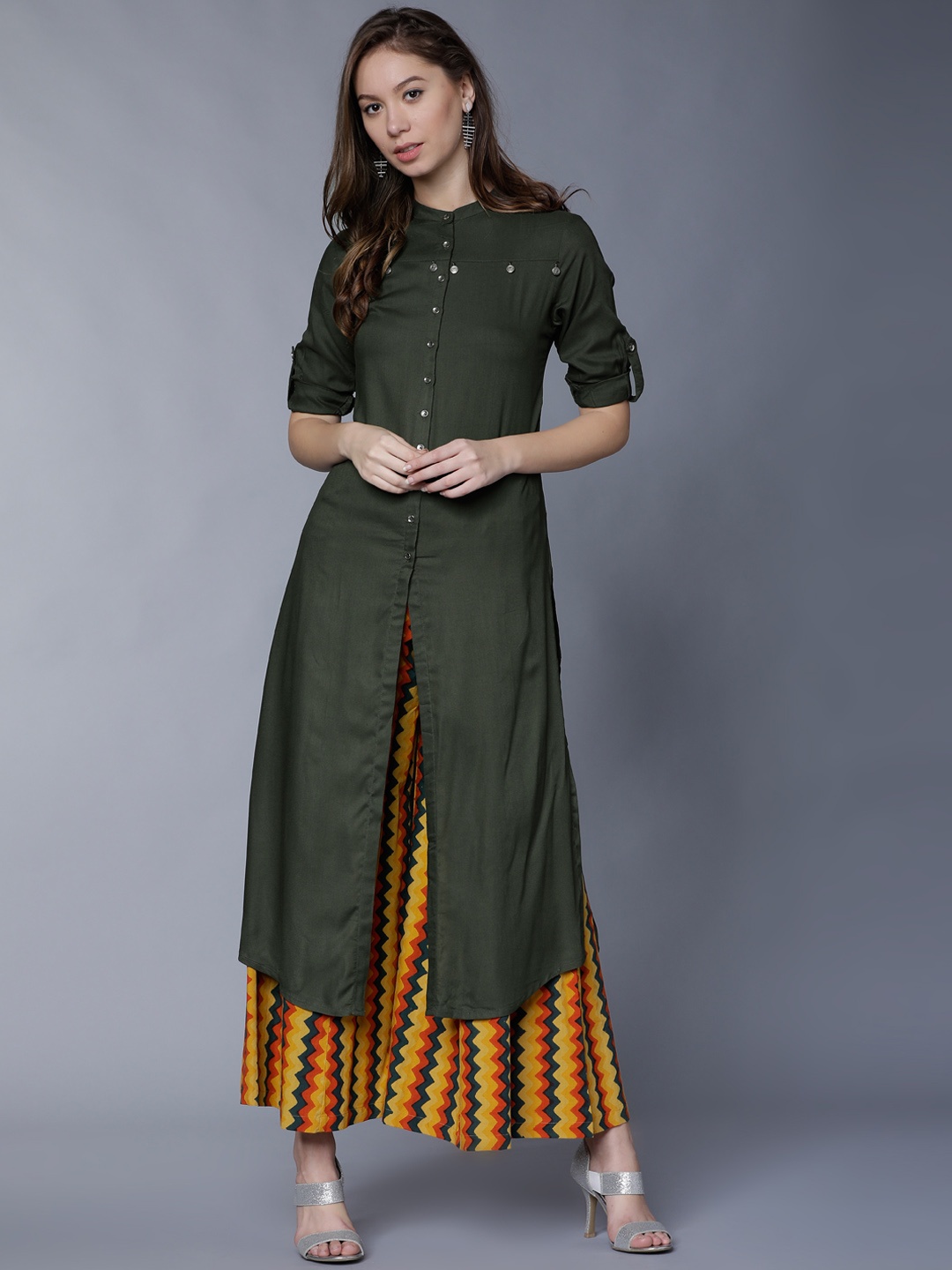 Vishudh Women Olive Green Solid Straight Kurta